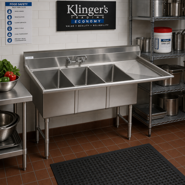 Product image #2 for Klinger's Trading Economy 3-Compartment Stainless Steel Sink with 24-Inch Right Drainboard