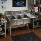 Thumbnail image #2 for Klinger's Trading ECS3DR24 3-Compartment Stainless Steel Sink, 16" x 20" Bowls, 24" Right Drainboard, 9" Backsplash