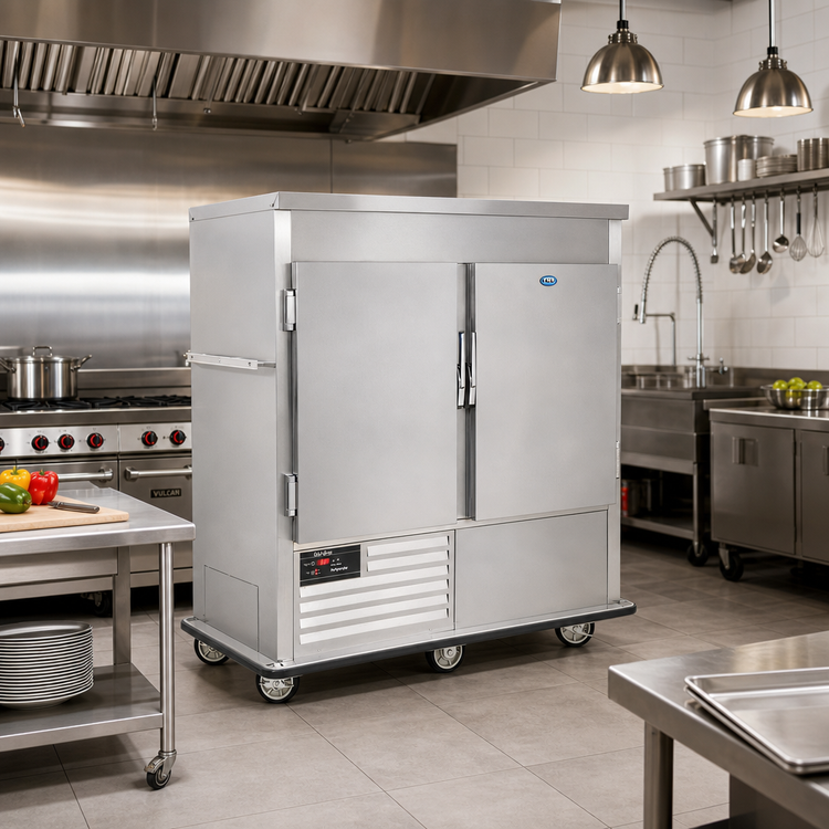 Product image #2 for FWE URS-14-GN 2-Section Mobile Refrigerated Cabinet with 2 Solid Doors, 64-80 Plate Capacity