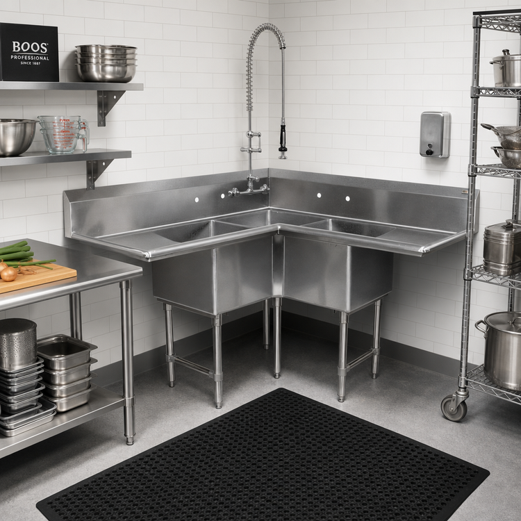 Product image #2 for John Boos Pro-Bowl 3-Compartment Corner Sink with Dual 30-Inch Drainboards, 16-Gauge Stainless Steel