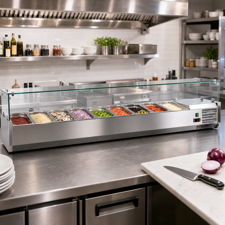 Product image #2 for Omcan 79-Inch Countertop Refrigerated Topping Rail with Glass Sneeze Guard, 9 x 1/3 GN Pan Capacity