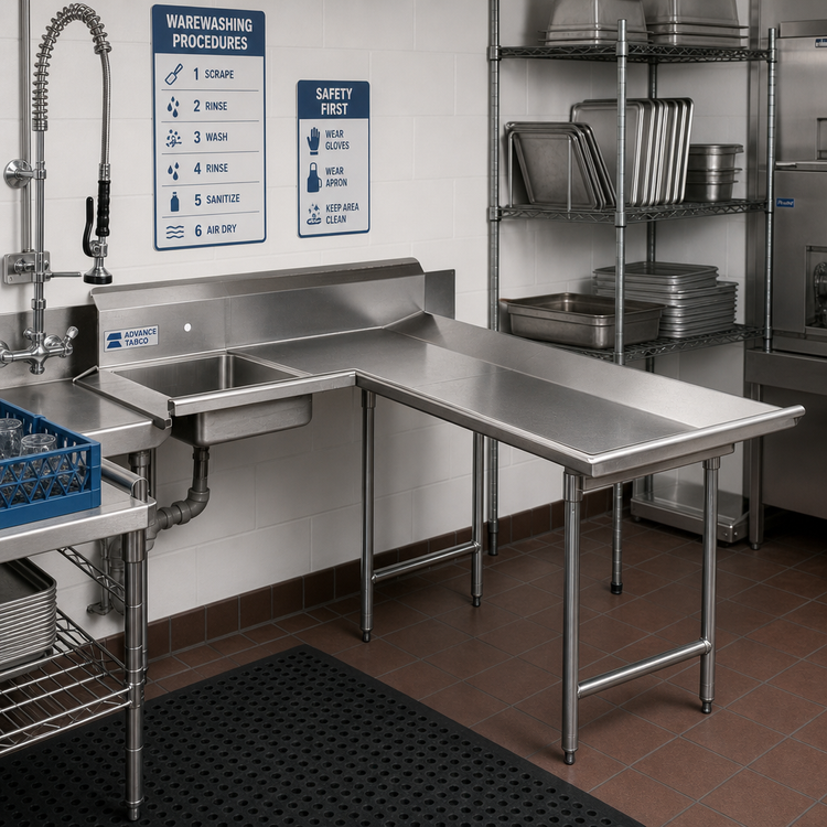 Product image #2 for Advance Tabco L-Shaped Corner Soil Dishtable with Landing and Pre-Rinse Sink, Right-Hand, 71 Inch, 16/304 Stainless Steel