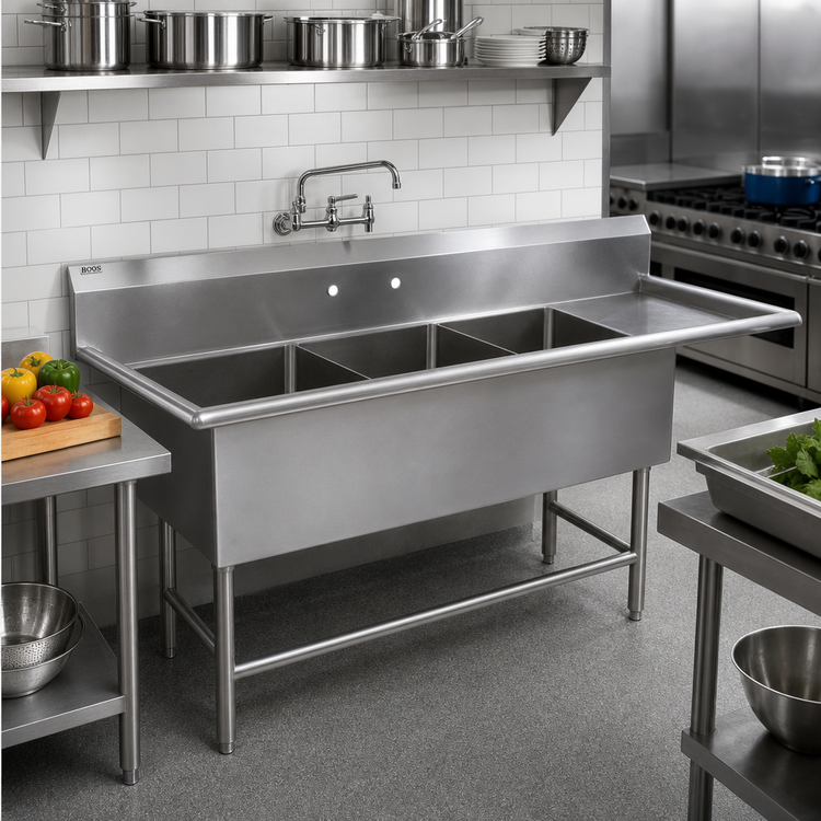 Product image #2 for John Boos Pro-Bowl 3-Compartment Sink with Right Drainboard, 18 x 18 x 12 Bowls, 14-Gauge Stainless Steel