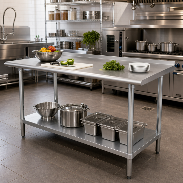 Product image #2 for Advance Tabco FMG-246 72" x 24" 16-Gauge 304 Stainless Steel Work Table with 1-1/2" Rear Up-Turn and Adjustable Galvanized Undershelf