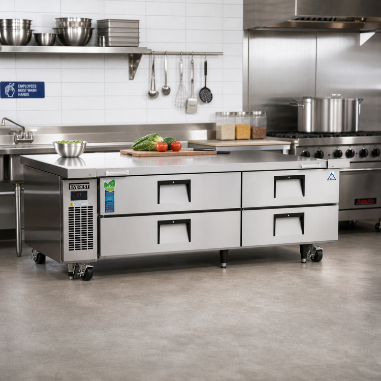 Product image #2 for Everest Refrigeration 82-3/8 Inch Wide Two-Section Four-Drawer Chef Base Refrigerator with Stainless Steel Worktop and Side-Mounted R290 Cooling