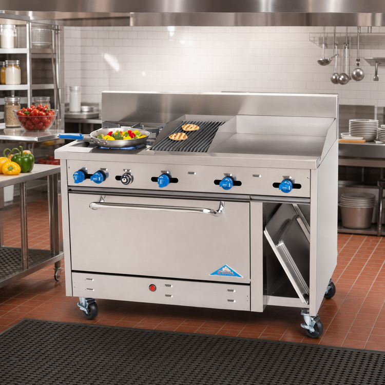 Product image #2 for Comstock-Castle 48-Inch Commercial Gas Combination Range with 2 Open Burners, 24-Inch Griddle, 12-Inch Charbroiler, Oven and Cabinet Base