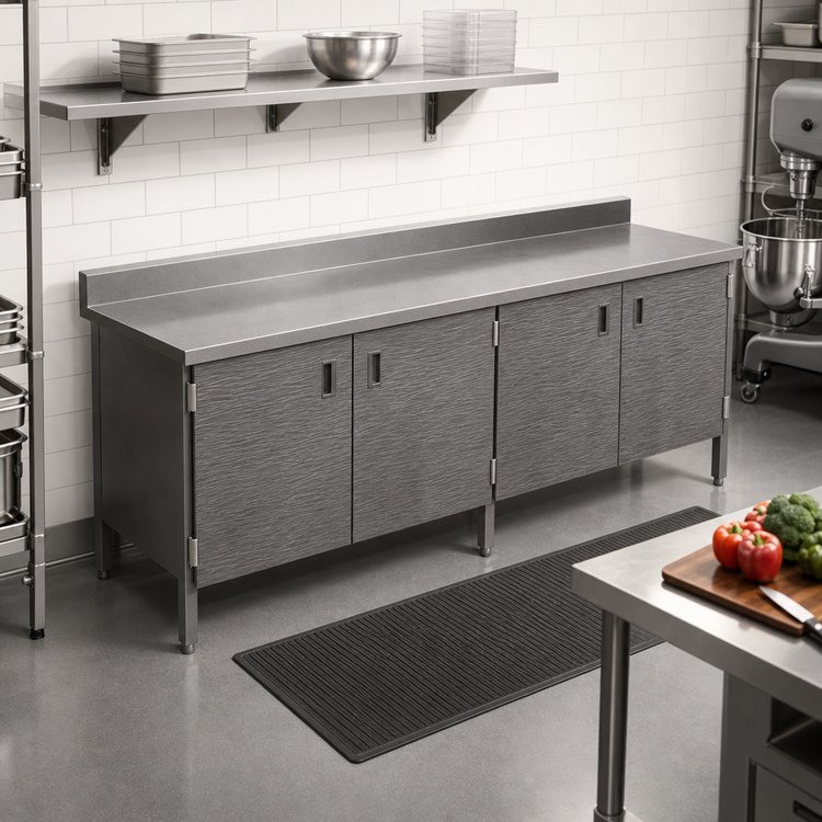 Product image #2 for John Boos Enclosed Base Work Table with Hinged Doors, 120 x 30-Inch, 16-Gauge 300 Series Stainless Steel Top, 5-Inch Backsplash