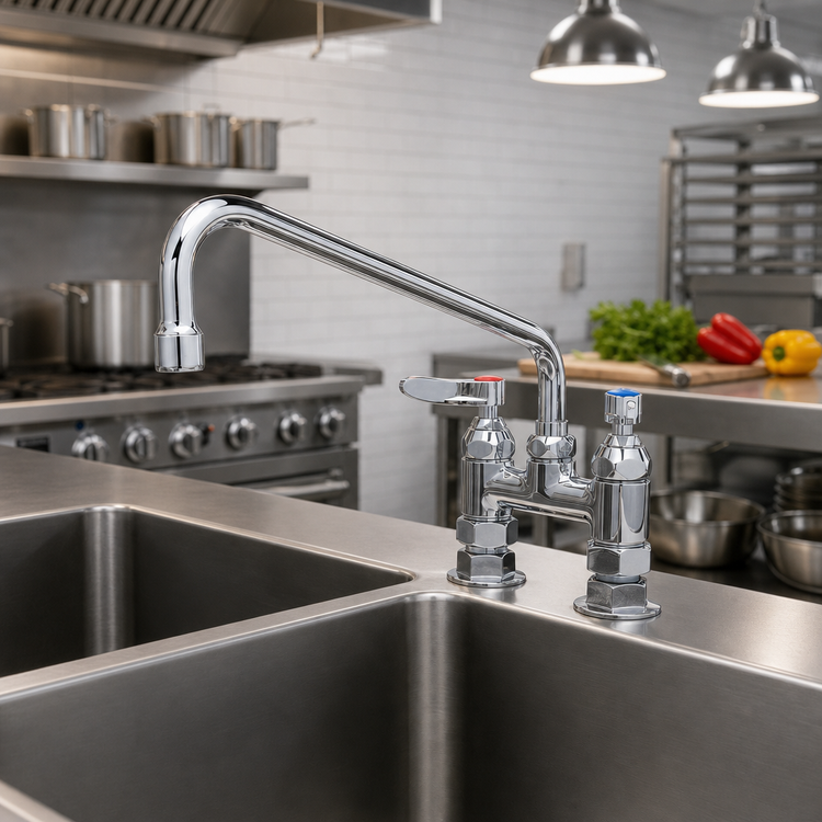 Product image #2 for T&S Brass Double Pantry Deck-Mount Mixing Faucet with 18-Inch Swing Nozzle, 4-Inch Centers