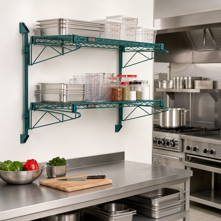 Product image #2 for Quantum Wall-Mount Cantilever Double Shelf Wire Shelving Unit, 60 x 14 Inches, Green Epoxy Antimicrobial Finish