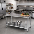 Thumbnail image #2 for Eagle Group Deluxe T3684EB Stainless Steel Work Table with Galvanized Undershelf, 84 x 36 Inches, 16-Gauge 300 Series Top