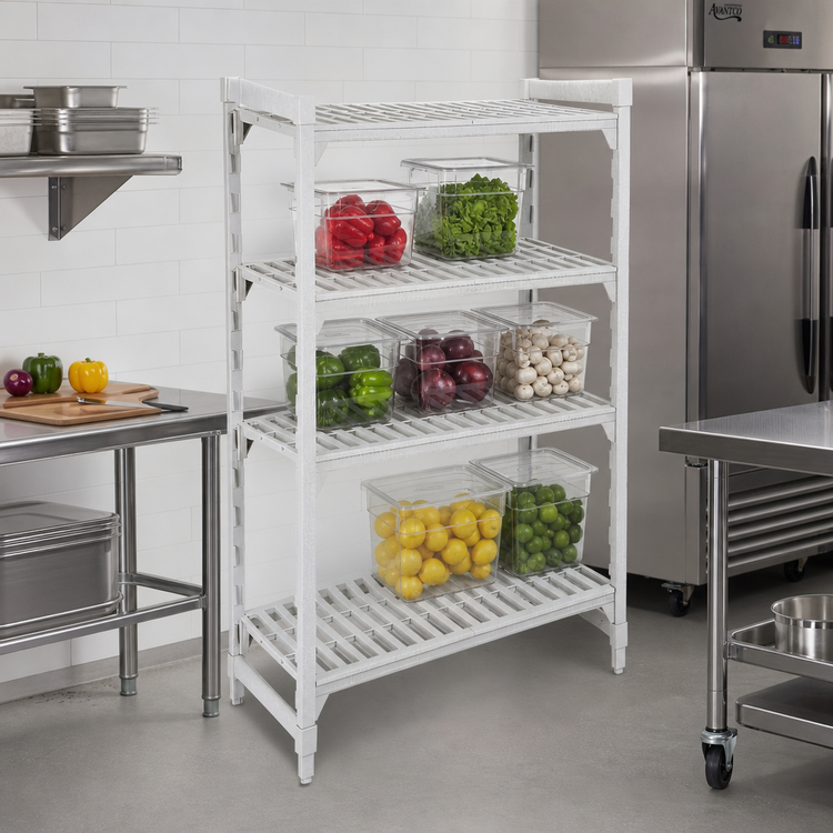 Product image #3 for Cambro Camshelving Premium 4-Shelf Vented Stationary Starter Unit, 18" x 42" x 64", Speckled Gray