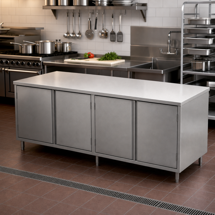 Product image #2 for BK Resources 96-Inch x 36-Inch Stainless Steel Chef Table with Cabinet Base and Hinged Doors