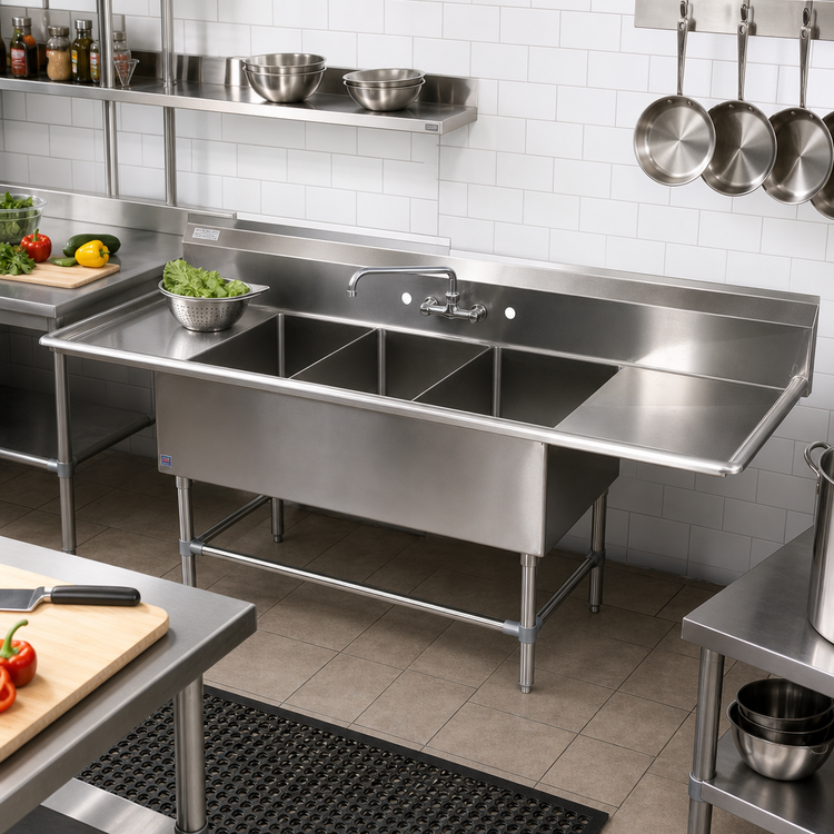 Product image #2 for John Boos Pro-Bowl 3-Compartment Stainless Steel Sink with Left & Right Drainboards, 14-Gauge, 16" x 20" x 12" Bowls