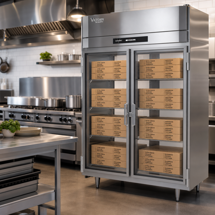 Product image #2 for Victory UltraSpec 2-Section Pass-Thru Heated Pizza Holding Cabinet with Glass Doors, 48 Cu. Ft.
