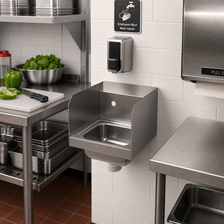 Product image #2 for BK Resources Space Saver Wall-Mounted Hand Sink with Dual Side Splashes, 9" x 9" x 5" Bowl