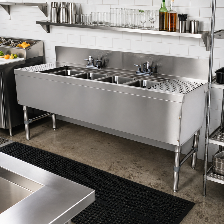 Product image #2 for Advance Tabco Prestige 4-Compartment Underbar Sink Unit with Left and Right Drainboards and Deck Mount Faucets, 96 Inch