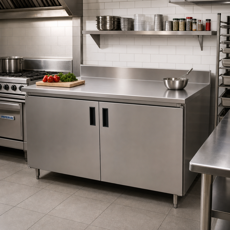 Product image #2 for Advance Tabco 96-Inch x 30-Inch Enclosed Work Table with Cabinet Base, 14-Gauge 304 Stainless Steel Top and 5-Inch Backsplash