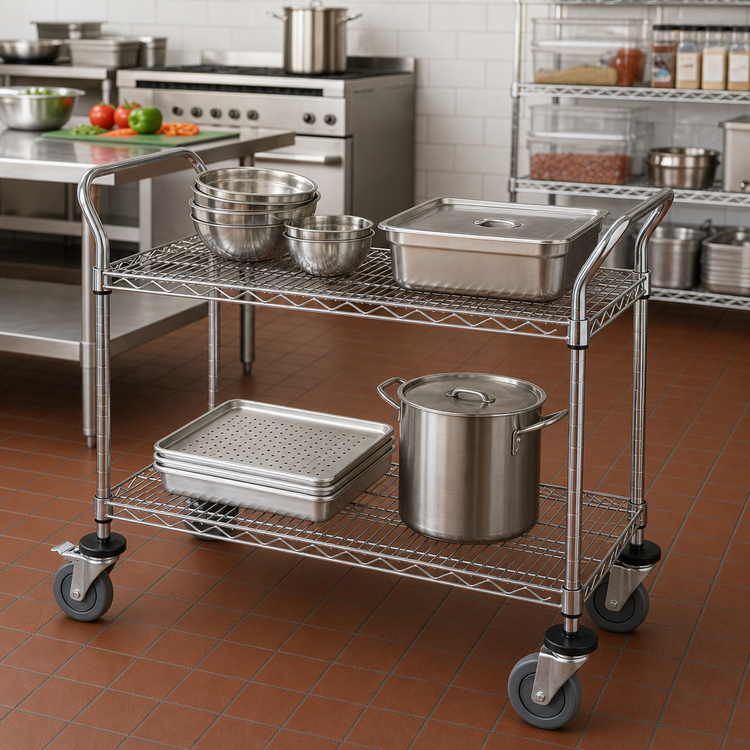Product image #2 for Quantum Chrome-Plated Wire Utility Cart with 2 Shelves, 48 x 24 x 37-1/2 in., 1,200 lb. Capacity