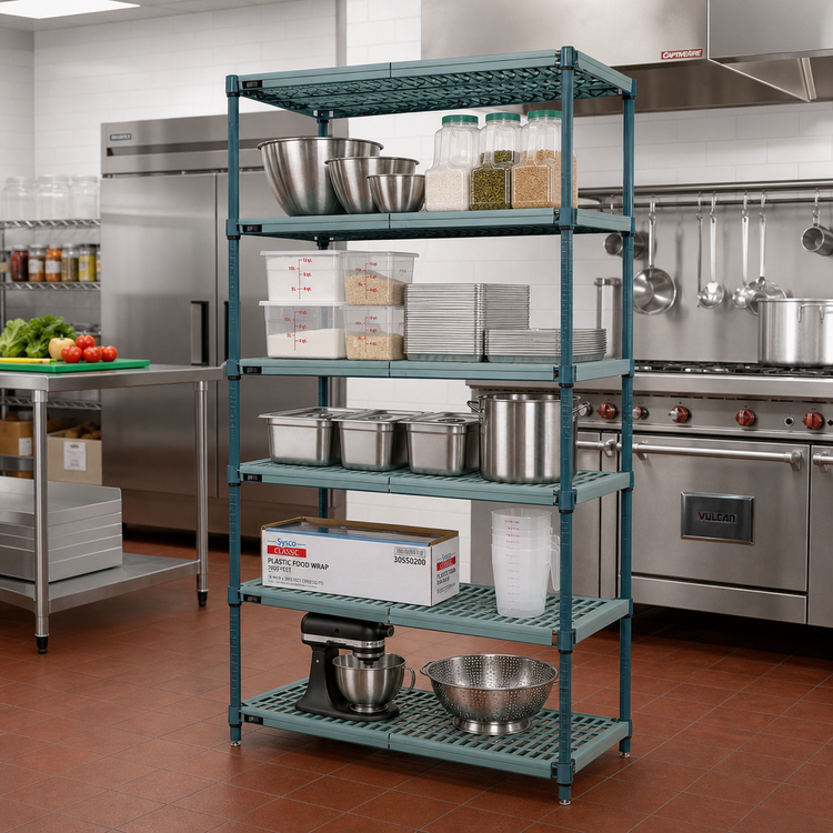 Product image #2 for Quantum 5-Tier Stationary Wire Plastic Mat Shelving Unit, 60W x 18D x 86H, Green Epoxy Antimicrobial