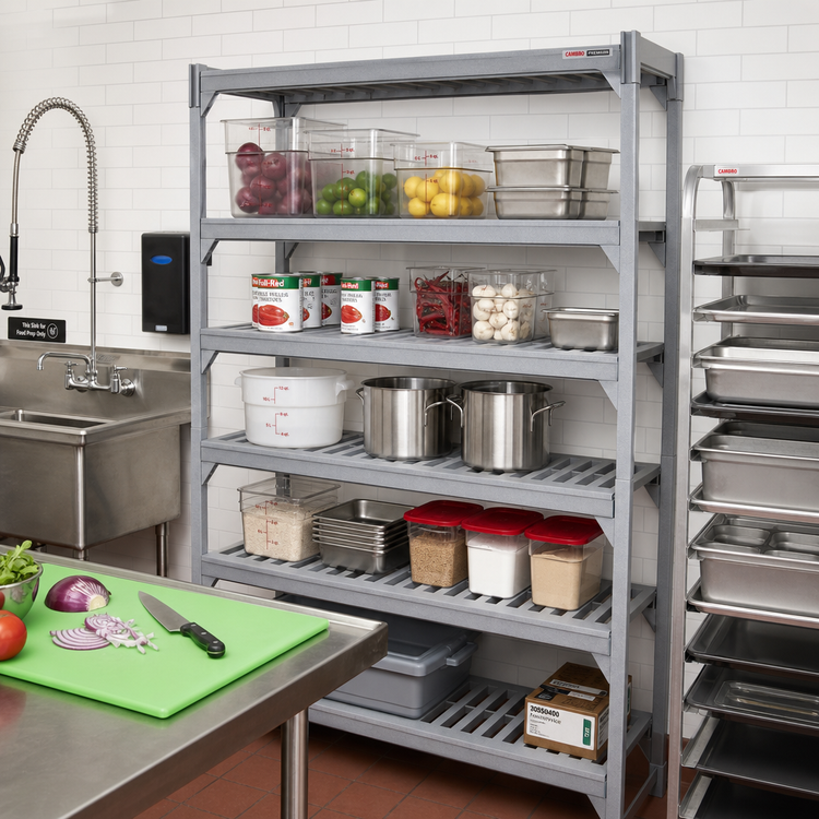 Product image #3 for Cambro Camshelving Premium 18" x 60" 5-Shelf Vented Polymer Shelf Kit, Speckled Gray
