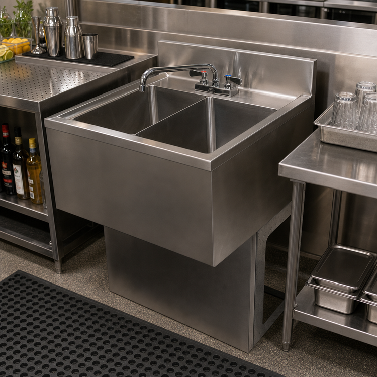 Product image #3 for BK Resources 24-Inch Two-Compartment Underbar Sink with 4-1/2-Inch Backsplash and Included Faucet