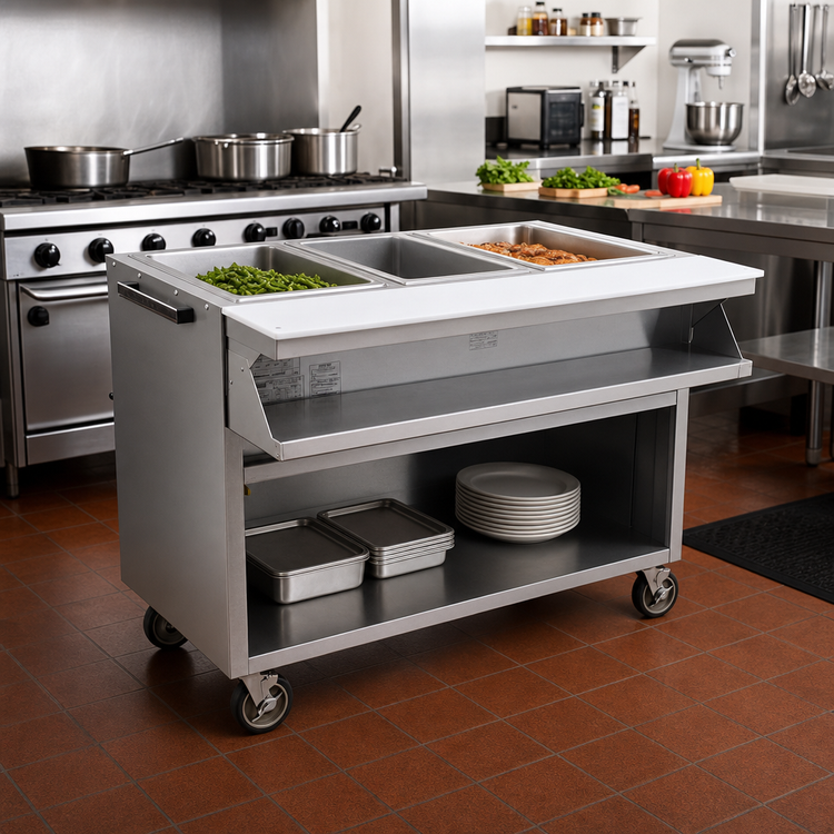 Product image #2 for Spec-Master Mobile Sealed Well Hot Food Table, Open Front Cabinet Base, (2) 12 x 20 Pans, 120V