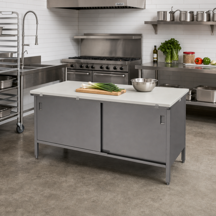 Product image #2 for John Boos 36 x 30 Inch Poly Top Work Table with Stainless Steel Enclosed Base and Sliding Doors