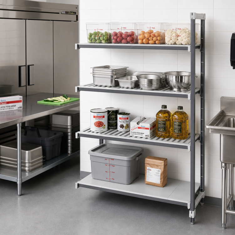 Product image #2 for Cambro Camshelving Elements XTRA 24" x 54" x 72" Stationary Add-On Shelving Unit, 4-Tier, 3 Vented + 1 Solid Shelves, Speckled Gray