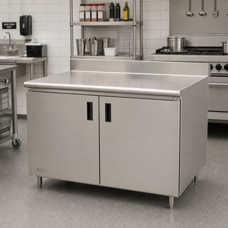 Product image #2 for Advance Tabco Special Value Series Enclosed Work Table with Cabinet Base and Hinged Doors, 96 x 24 Inch, 304 Stainless Steel Top, 5 Inch Backsplash