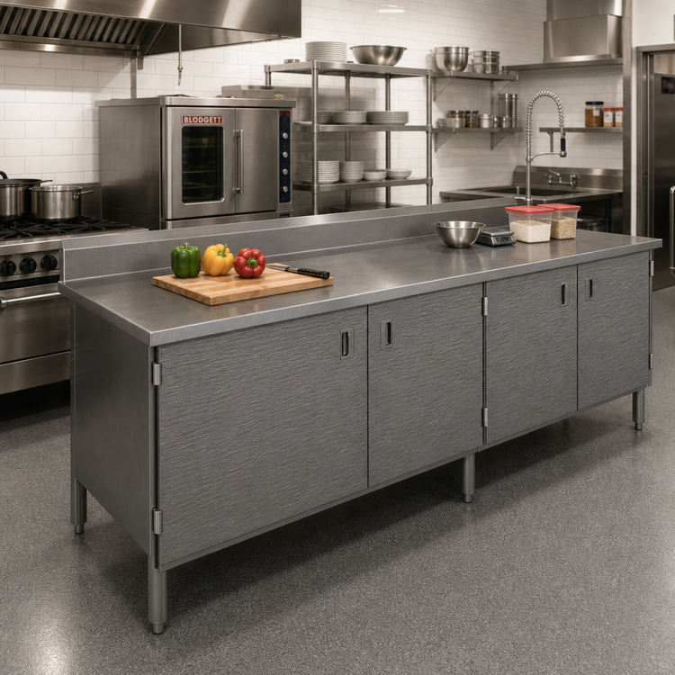 Product image #2 for John Boos Stainless Steel Enclosed Base Work Table with Hinged Doors, 96 x 30 Inches, 5 Inch Backsplash