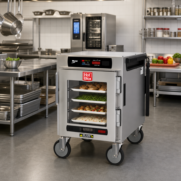 Product image #3 for Metro HotBlox Narrow 4-Pan Pass-Thru Undercounter Heated Holding Cabinet with Digital Touchscreen, Clear Front and Solid Rear Doors