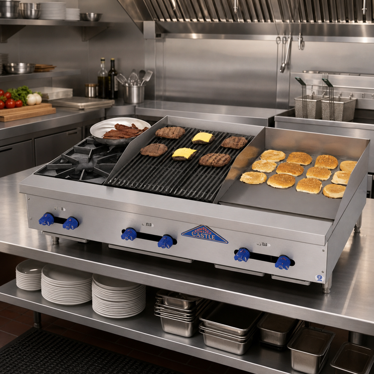 Product image #2 for Comstock-Castle 48 Inch Countertop Gas Char-Broiler/Griddle Combination with 18 Inch Thermostatic Griddle and 30 Inch Radiant Broiler (FHP48-18T-2.5RB)