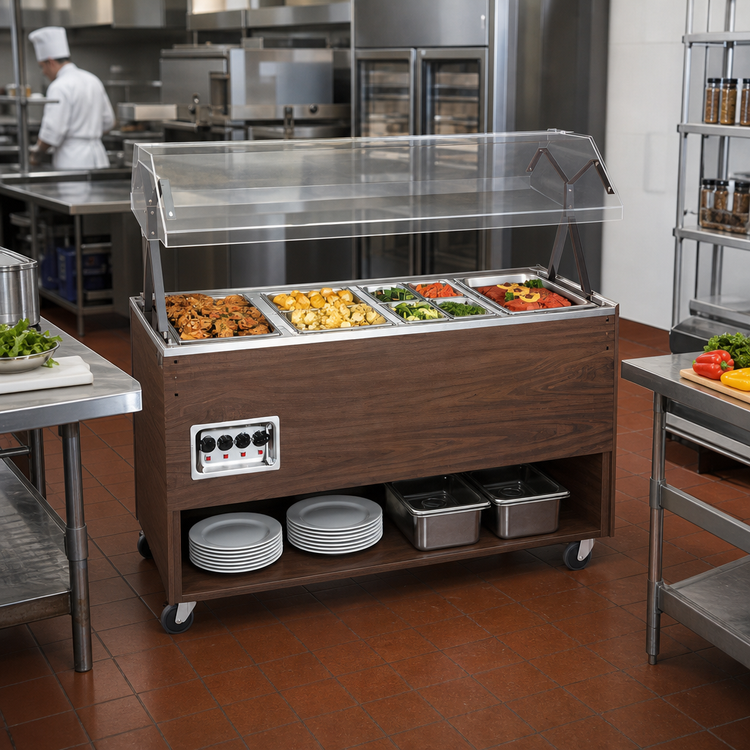 Product image #2 for Vollrath 2-Series Affordable Portable 4-Well Mobile Electric Hot Food Station with Buffet Breath Guard and Lights, Cherry Woodgrain Open-Storage Base