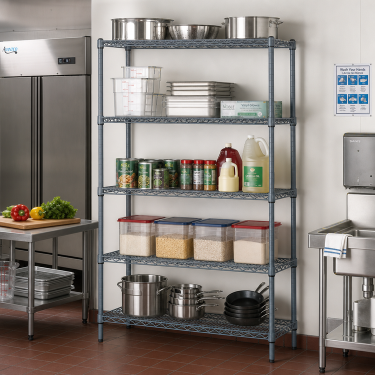 Product image #2 for Quantum 72" x 12" x 86" Stationary Wire Shelving Starter Kit, 5 Shelves, Gray Epoxy Antimicrobial Finish