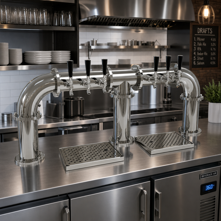 Product image #2 for Glastender Pipe Bridge Countertop Draft Dispensing Tower, 6 Faucets, Glycol-Cooled, Mirror Finish