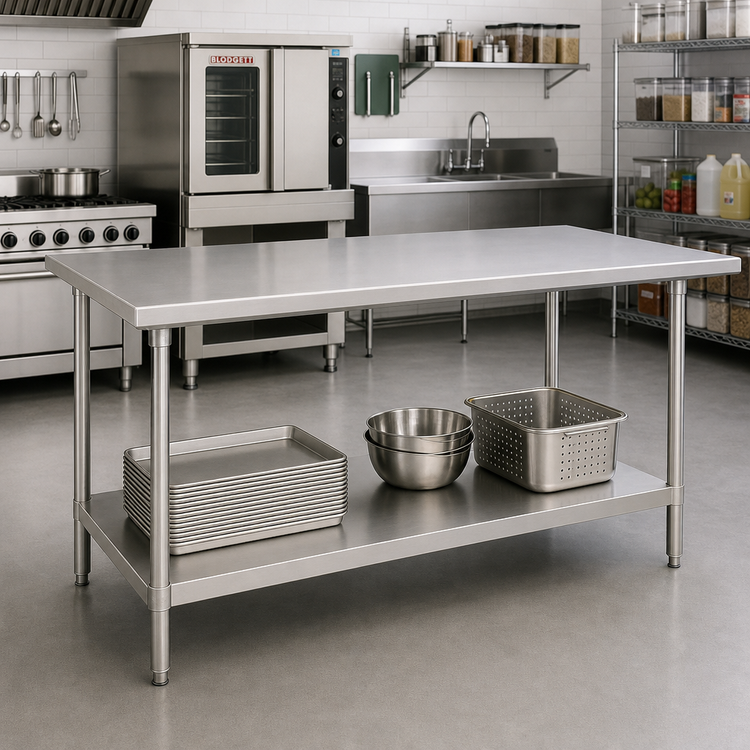Product image #2 for Advance Tabco 108-Inch x 36-Inch 16-Gauge 430 Stainless Steel Flat Top Work Table with Adjustable Undershelf