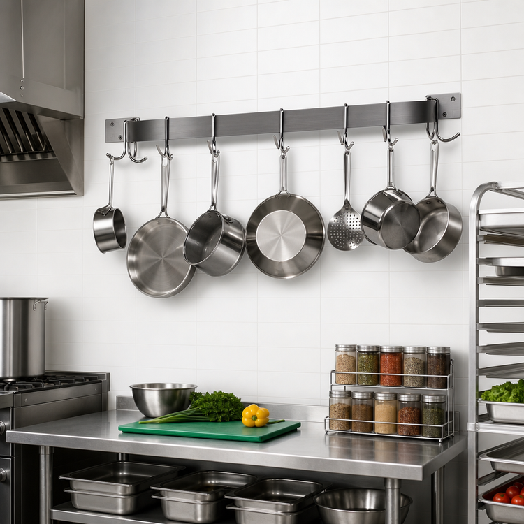 Product image #2 for Advance Tabco Wall-Mounted Single Bar Stainless Steel Pot Rack, 108 Inch, 9 Double Hooks