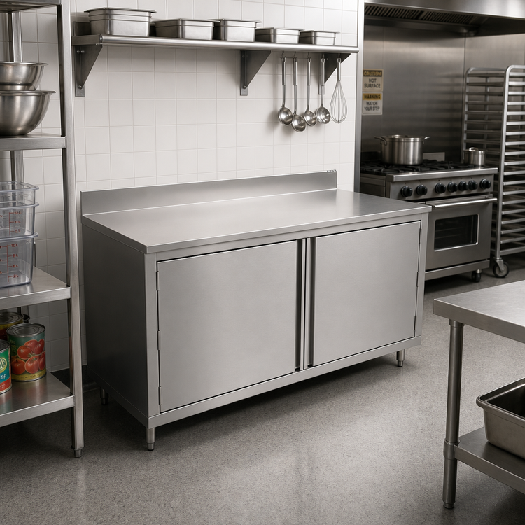 Product image #2 for Enclosed Stainless Steel Work Table with Cabinet Base, Hinged Doors, and 5-Inch Backsplash, 72 x 24 Inches