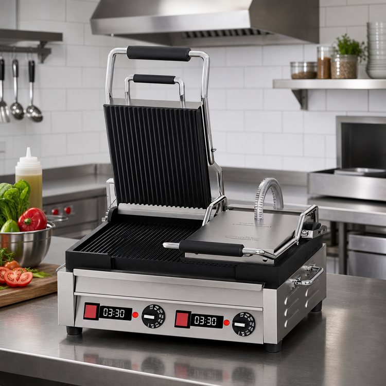 Product image #2 for Double Electric Countertop Panini Grill with Timer, Grooved Cast Iron Plates, 18 x 10 Inch Cooking Surface