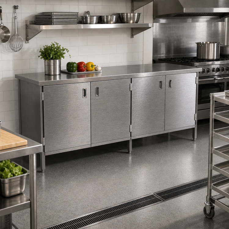Product image #2 for 16 Gauge Stainless Steel Enclosed Base Work Table with Hinged Doors, 120 x 30 Inches