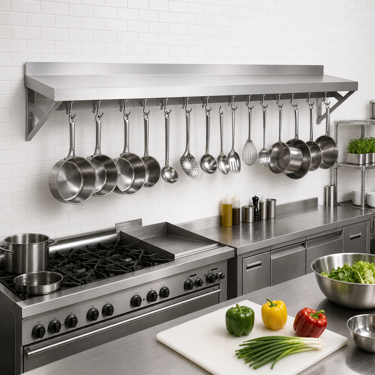 Product image #2 for 72-Inch Wall-Mount Stainless Steel Overshelf Pot Rack with 18 Double-Sided Hooks