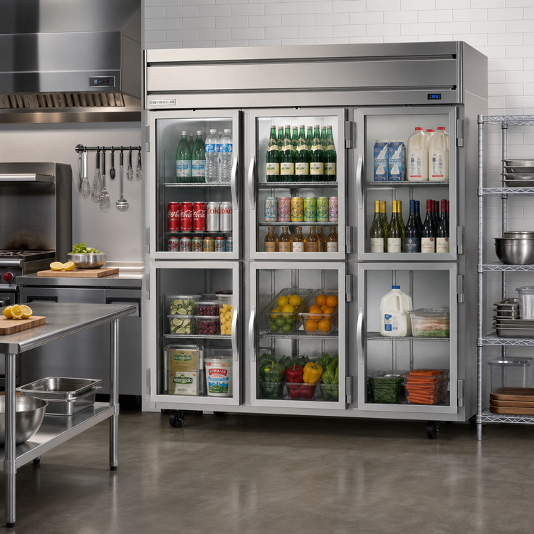 Product image #2 for Beverage Air Horizon Series 3-Section Half-Glass Door Reach-In Refrigerator, Top-Mounted Self-Contained, 71.52 Cu. Ft.