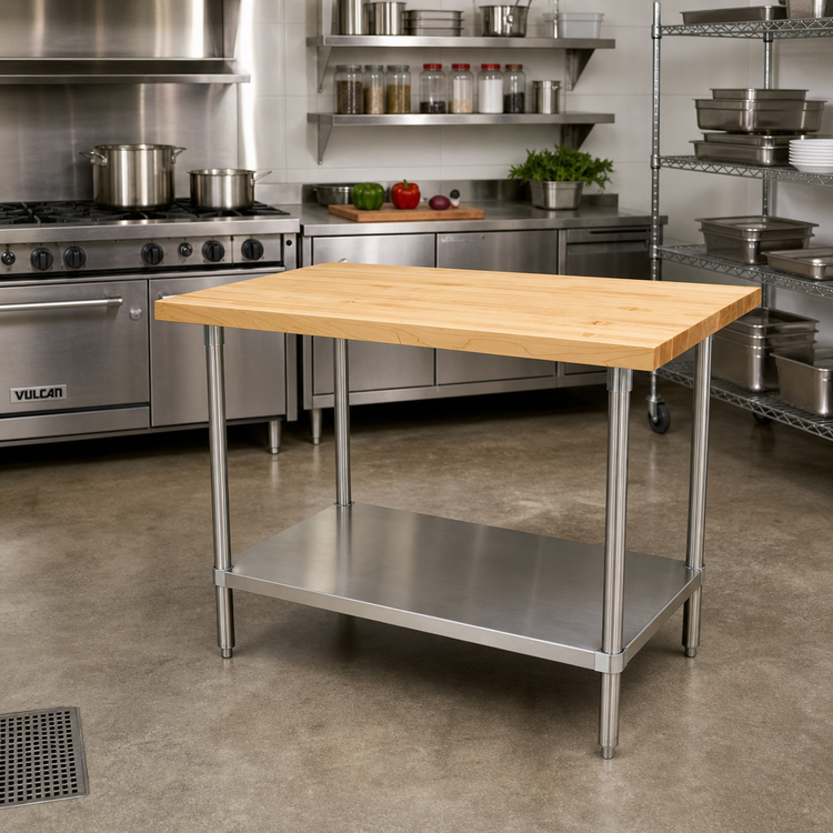 Product image #2 for Advance Tabco 36"W x 24"D Maple Top Work Table with Stainless Steel Base and Adjustable Undershelf