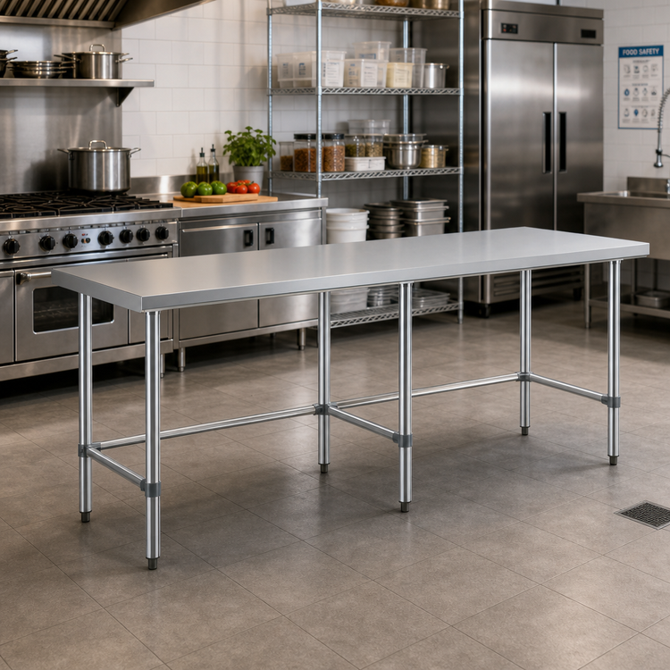 Product image #2 for 84-Inch x 30-Inch 18-Gauge 430 Stainless Steel Flat Top Work Table with Open Base and Galvanized Legs