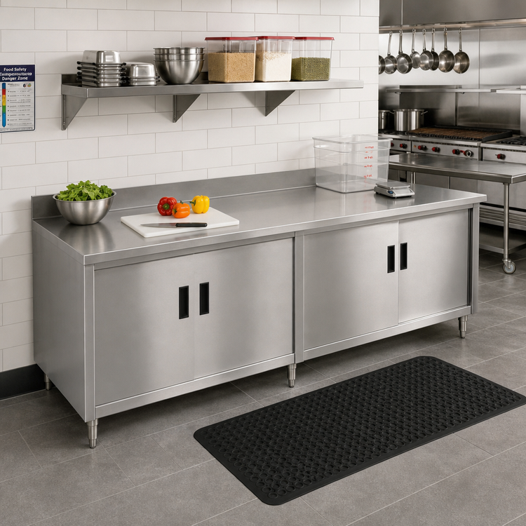 Product image #2 for Advance Tabco Special Value Economy Enclosed Work Table with Cabinet Base, 96 x 24 Inches, 16 Gauge 304 Stainless Steel Top, 5 Inch Backsplash