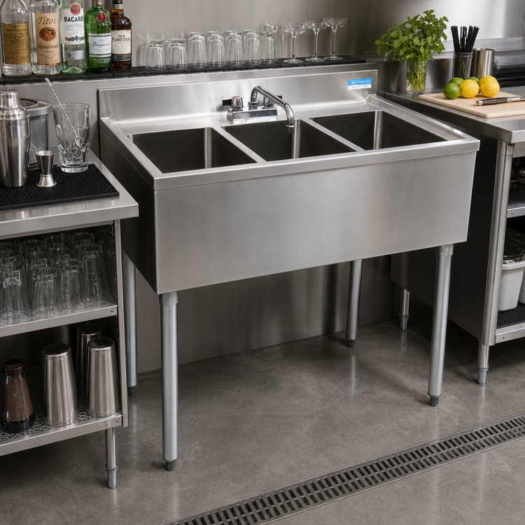 Product image #2 for BK Resources Slim-Line 3-Compartment Underbar Sink, 36 Inch, 304 Stainless Steel, with Faucet and Drains
