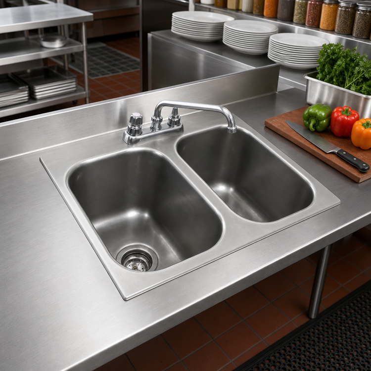 Product image #2 for Eagle Group Self-Rimming Two-Compartment Drop-In Sink with 10 x 14 x 9-1/2 Inch Bowls, Faucet, and Basket Drains
