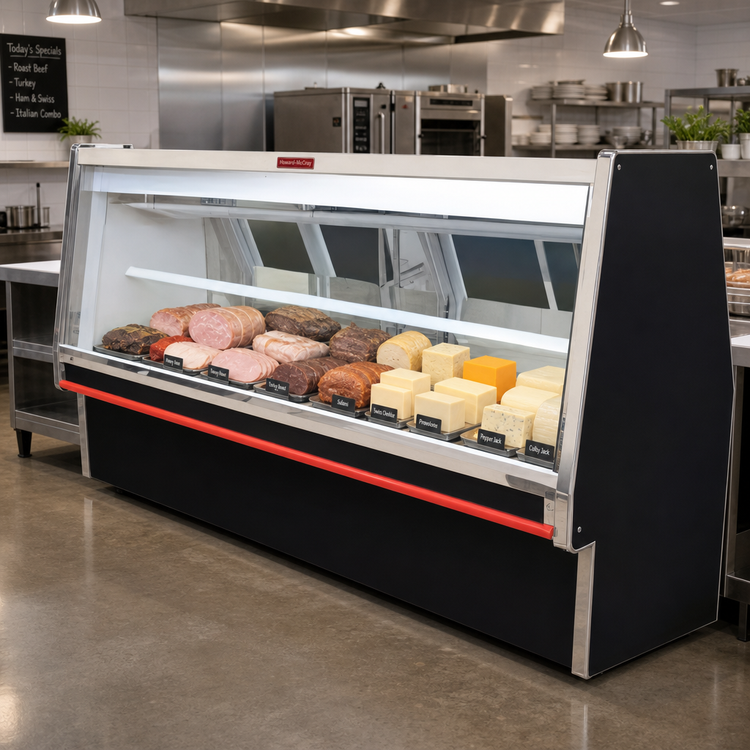 Product image #2 for Howard-McCray 100.5-Inch Remote Full-Service Deli Meat & Cheese Service Case with Straight Glass, Black Exterior, White Interior, LED Lighting