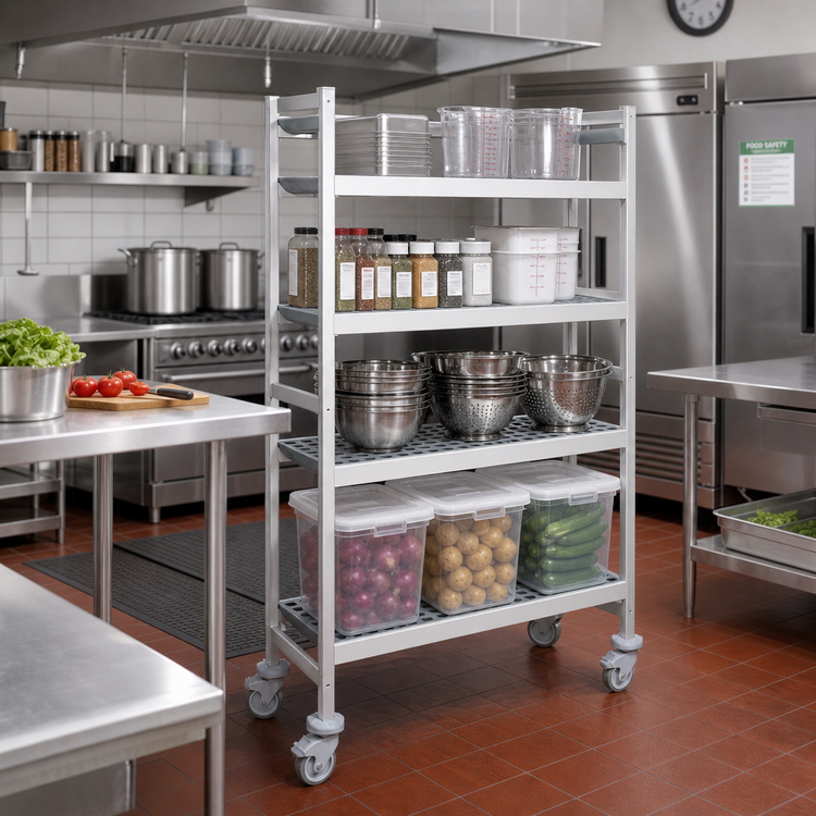 Product image #2 for Fermostock 4-Tier Mobile Perforated Polymer Shelving Unit, 47-Inch Wide x 14-Inch Deep x 71-Inch High, Gray