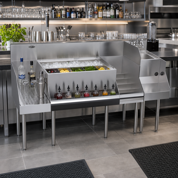 Product image #3 for Krowne Royal Series 66-Inch Underbar Ice Bin/Cocktail Station with Blender Dump Sink, Liquor Display, Drainboard, and 10-Circuit Cold Plate